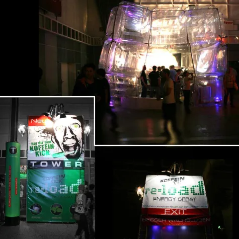 Bild: Werbeplanen und aufblasbares Messesystem zwischen massiven Bässen