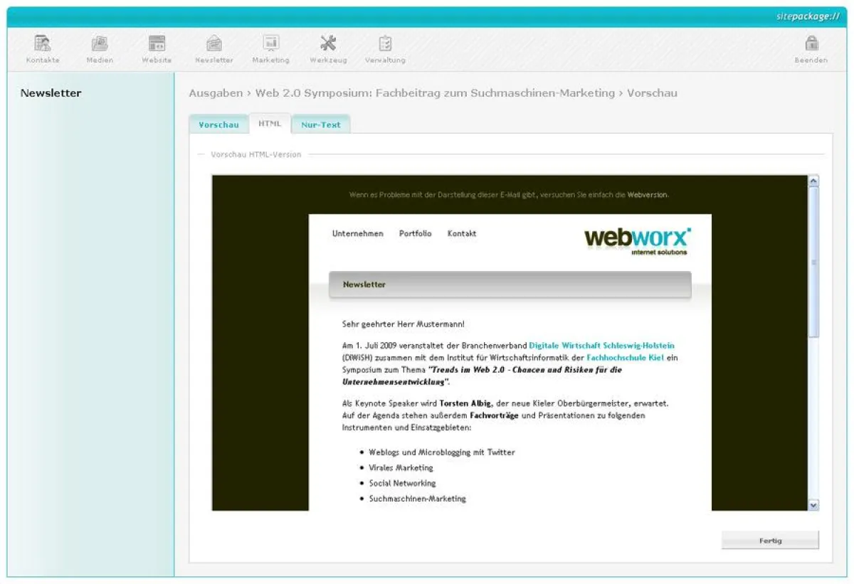 Screenshot sitepackage:// Newsletter-Systen