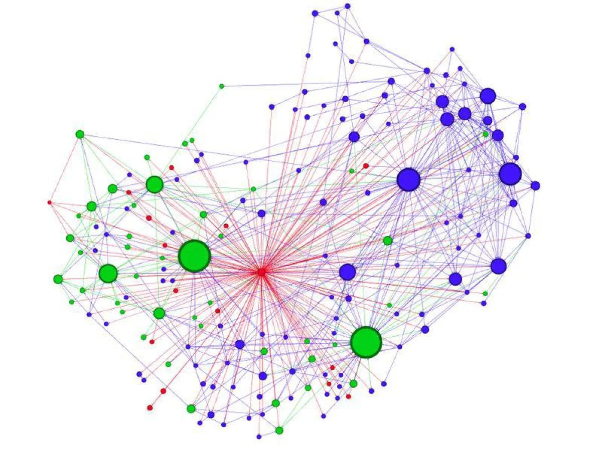 Schweizer Hyperlinknetzwerk im Bereich Klimawandel. Legende: rot = Schweiz, grün = global (UNO u. ä.), blau = andere Länder. Knotengrösse ist proportional zu den erhaltenen Links. Datenerhebung 06.2 (