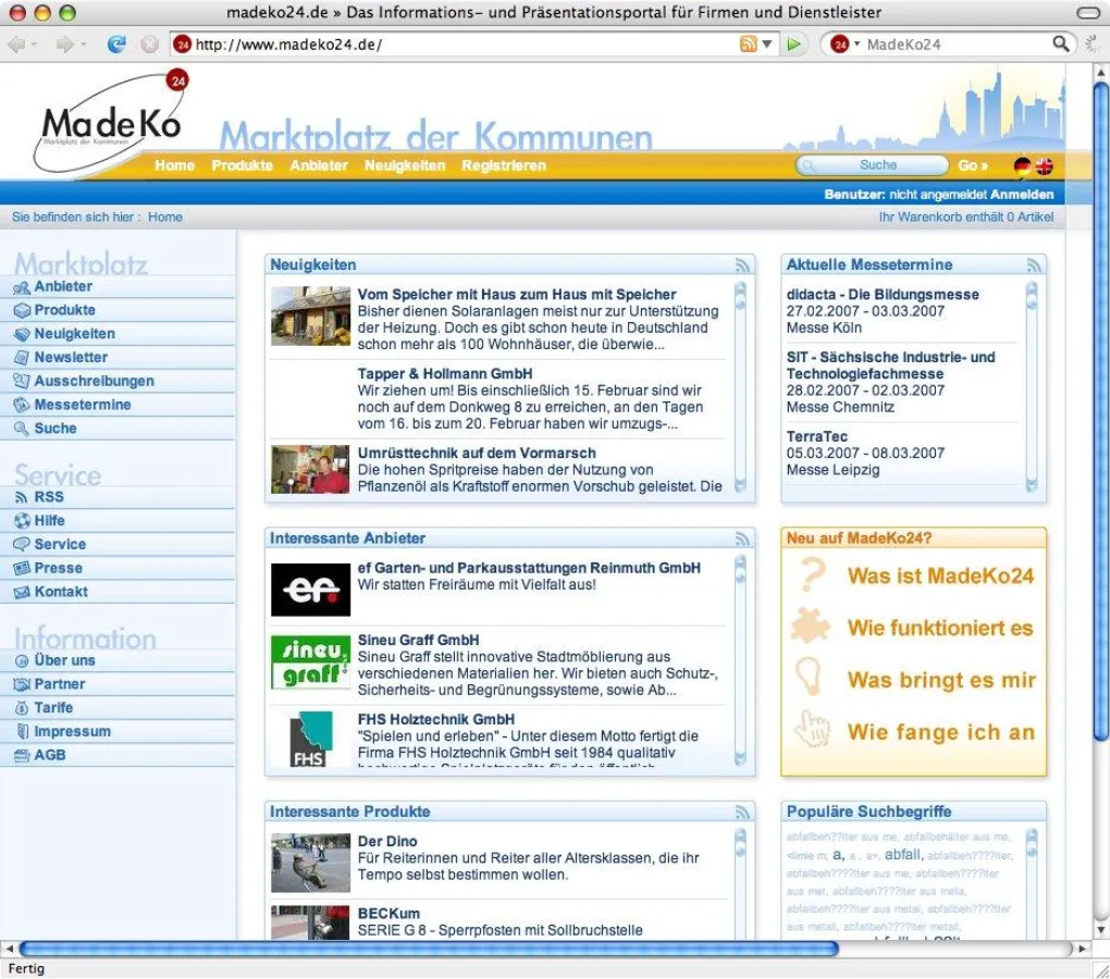 Die neugestaltete Indexseite der Informations- und Präsentationsplattform MadeKo24