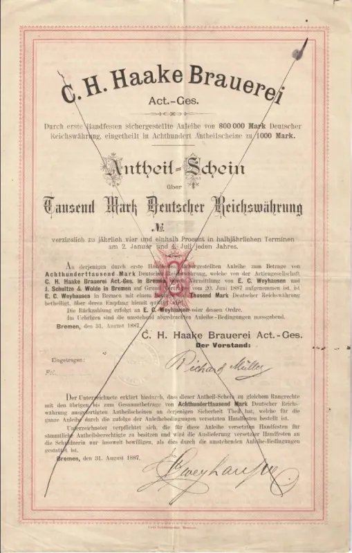Antheil-Schein der C.H. Haake über 1.000 Mark D. R. W, 1887