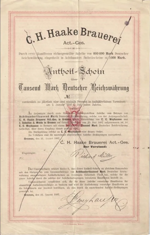 Antheil-Schein der C.H. Haake über 1.000 Mark D. R. W, 1887