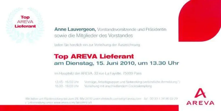 Neumüller wird 2010 zum wiederholten Male als „Top AREVA Lieferant“ eingeladen Bild: Neumüller wird 2010 zum wiederholten Male als „Top AREVA Lieferant“ eingeladen