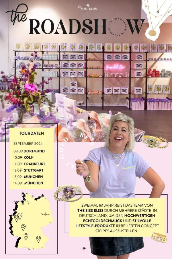 Die Gründerin von The SISS BLISS, Franziska von Hardenberg, mit den Tourdaten zur The ROADSHOW. (© The SISS BLISS)