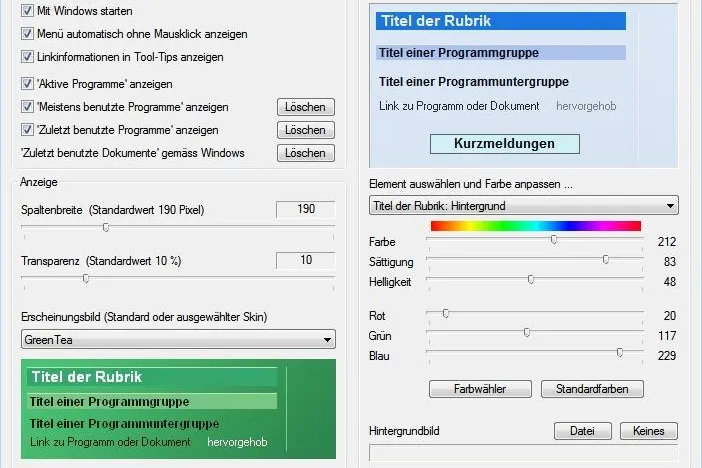 Bild: Alternatives Windows Startmenü für den schnellen Zugriff auf Programme und Dokumente