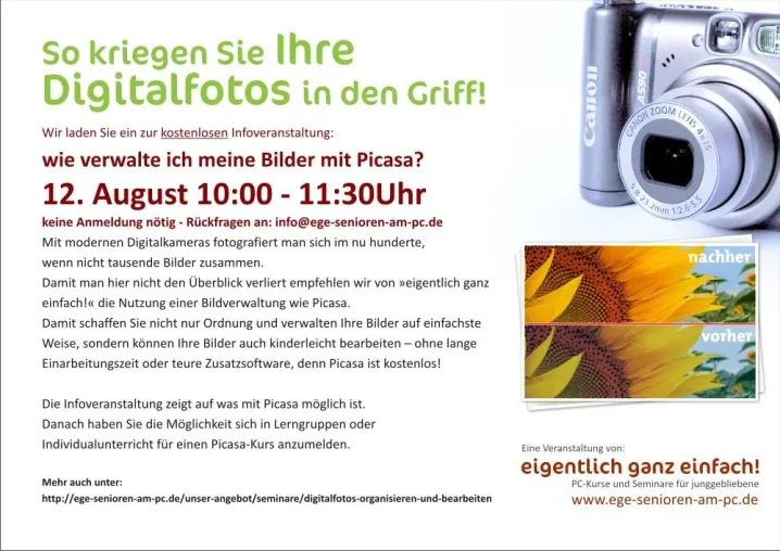 Infoveranstaltung in Berlin: Digitalfotos organisieren, verwalten, bearbeiten für Senioren Bild: Infoveranstaltung in Berlin: Digitalfotos organisieren, verwalten, bearbeiten für Senioren