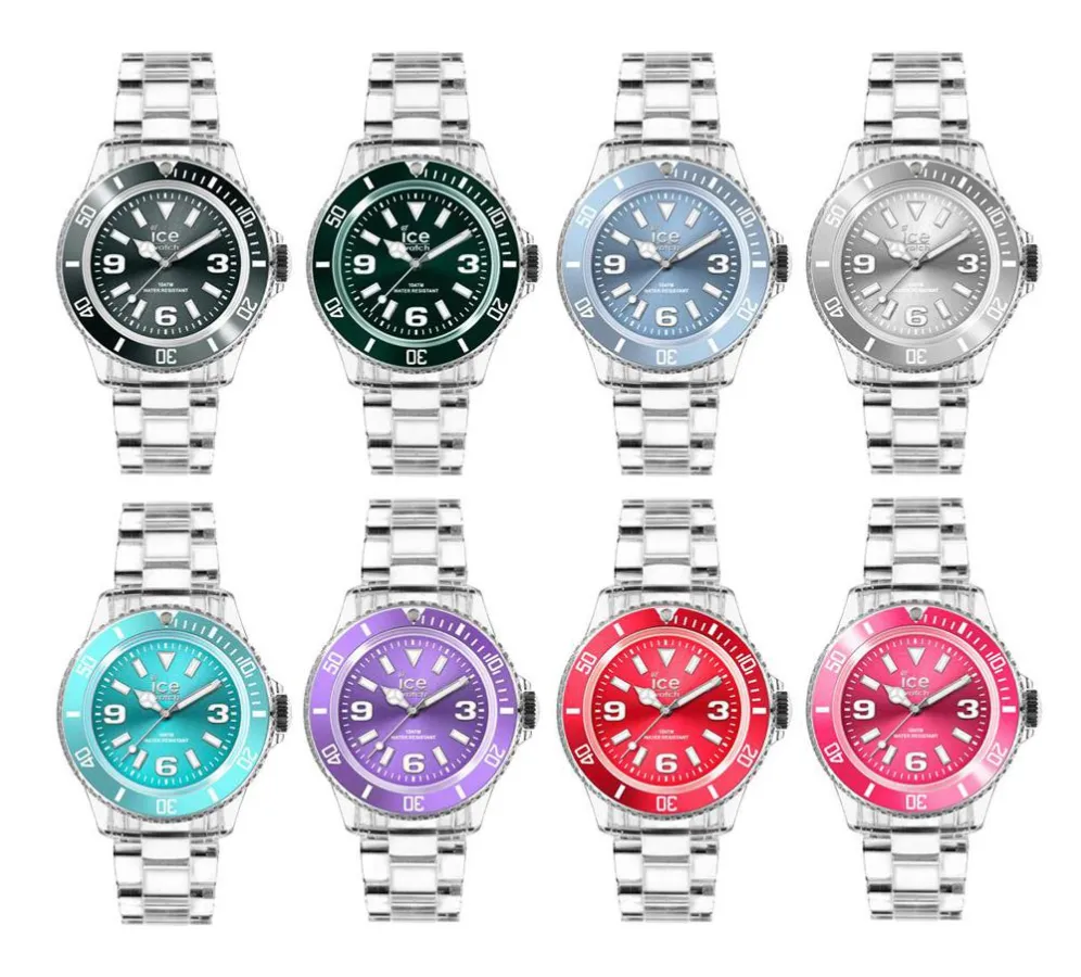ice-pure verzaubert  mit kristallklarem Armband und Zifferblätter in Farben wertvoller Edelsteine.