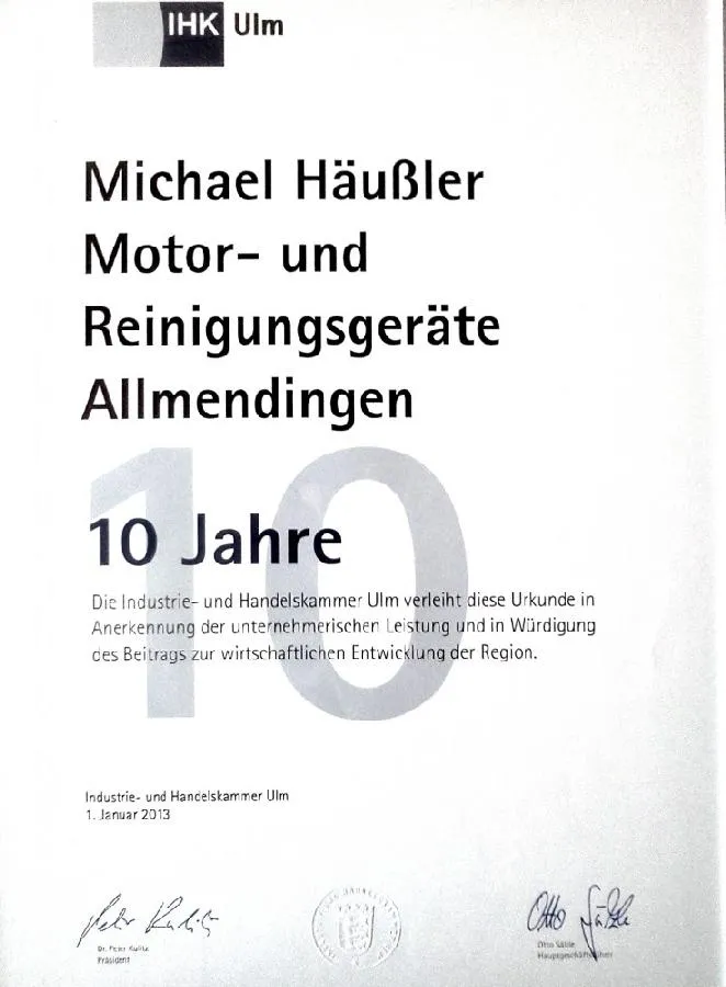 Jubiläumsurkunde der IHK ULM