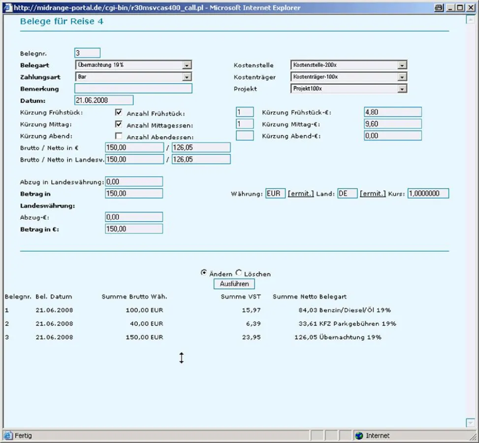 Belegerfassung: alle Belege zu einer Reise lassen sich in der Midrange Reisekostenabrechnung online und zeitnah erfassen.