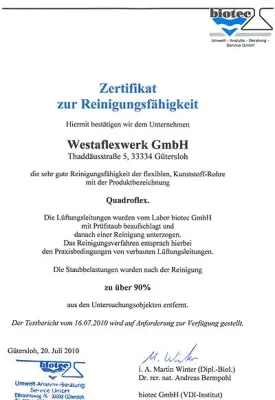 Bild: Reinigungszertifikat Quadroflex Kunststoffrohr
