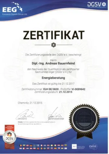 DGSV-Zertifizierung zum Sachverständigen für Energieberatung Bild: DGSV-Zertifizierung zum Sachverständigen für Energieberatung