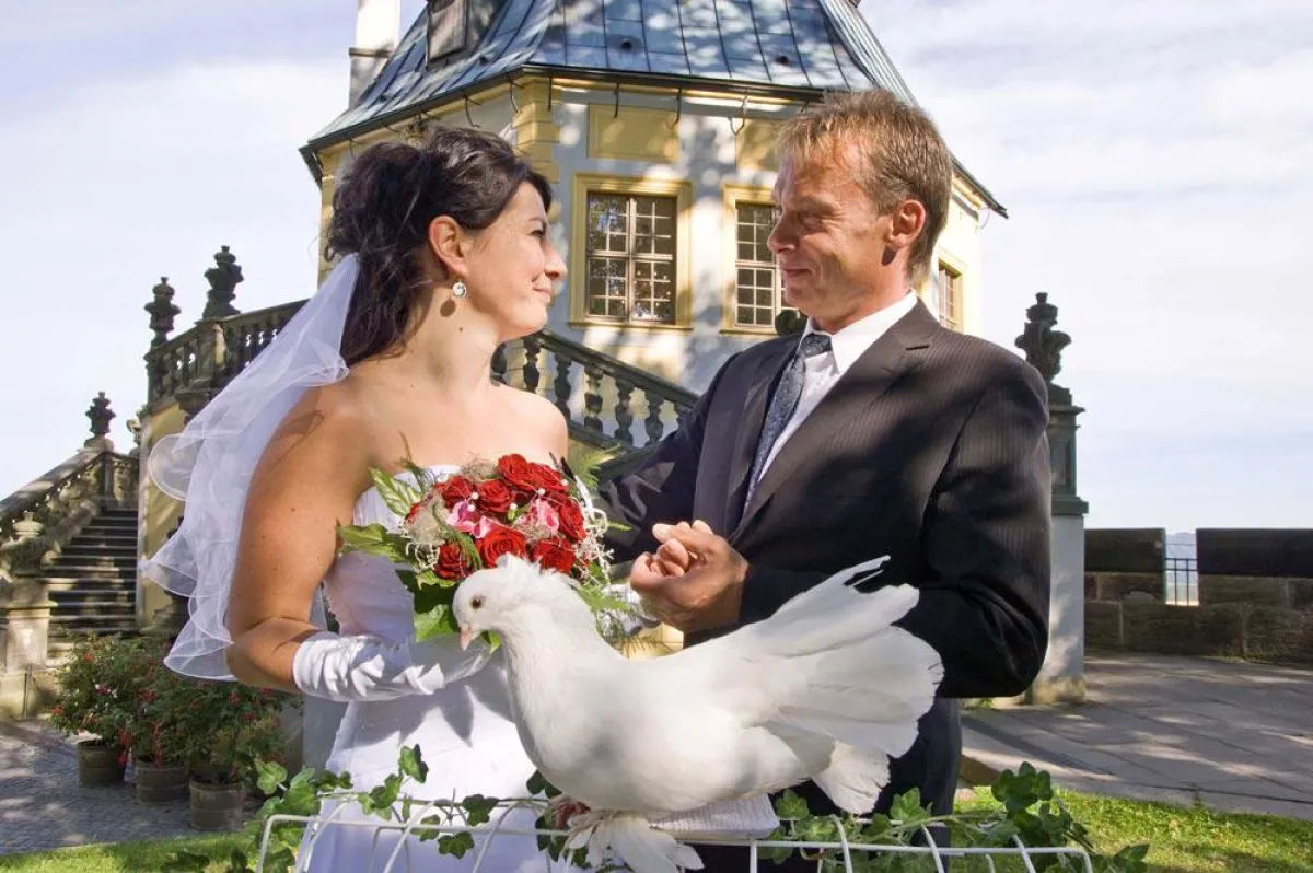 Hochzeitspaar auf der Festung Königstein vor der Friedrichsburg, Foto: Peter Mauksch