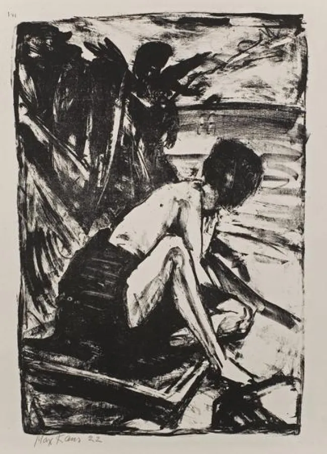 Blatt aus der Edition Hiddensee: Max Kaus, Hockende am Strand, 2007, Druck nach Gemälde,  Auflage: 65, 60 cm x 46 cm