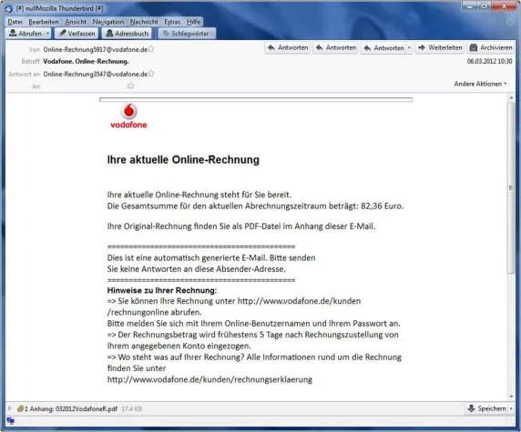 Bild: Warnung: falsche Vodafone-Rechnung führt zu Virus