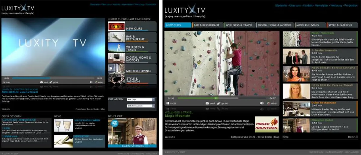 Screenshot Luxity.TV Homepage und Videoplayer