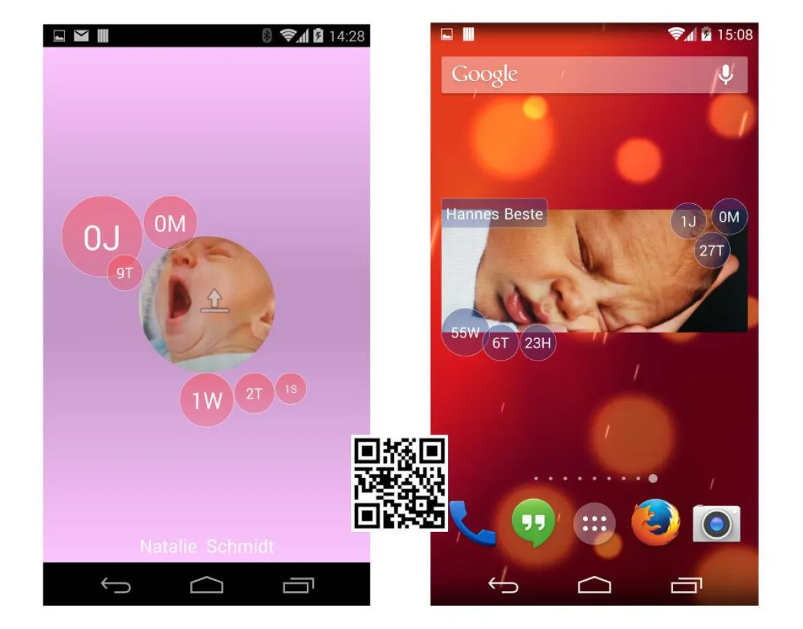 Smartphone App Baby Age (links), Home-Screen-Widget (rechts)