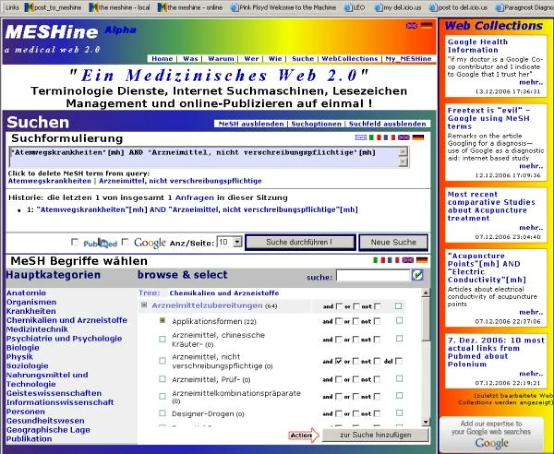 Screenshot der MESHine Suchfunktion mit MeSH Thesaurus