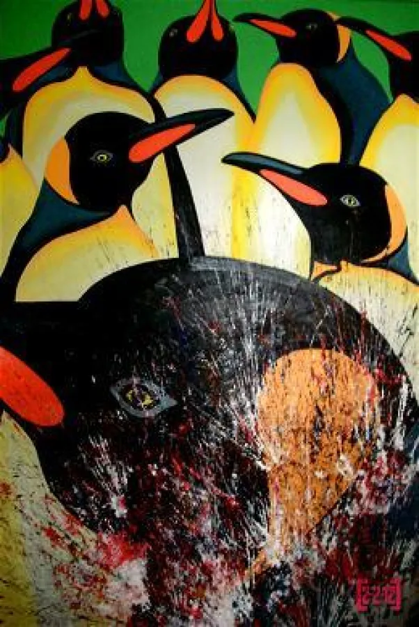 Aptenodytes Patagonicus/Königspinguin aus der Ausstellungsserie 2-2-12 des Künstlers Hannes Rossbacher. Er lebt vorwiegend auf den subantarktischen Inseln und er ist auch im Tiergarten Schönbrunn behe