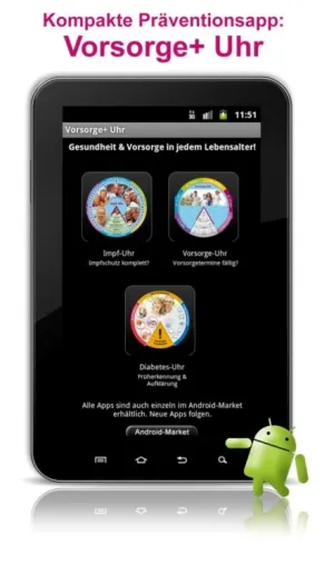 Bild: Drei Aufklärungs-Apps in einem: Impf-, Vorsorge- und Diabetes-Uhr
