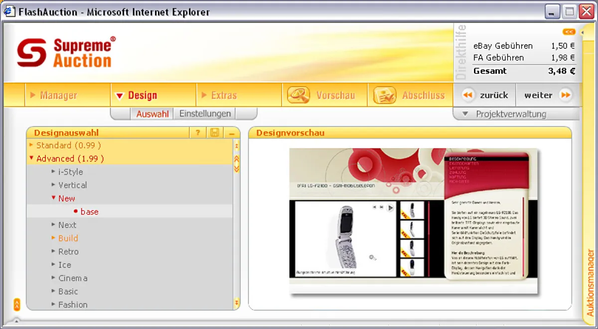 SUPREME AUCTION Software Oberfläche mit Auktionsdesign