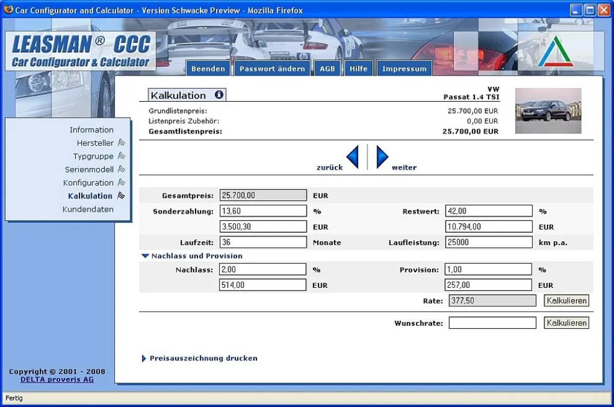 Freie Kalkulation eines Leasingangebotes im Vermittlermodus des Fahrzeugkonfigurators Leasman CCC.