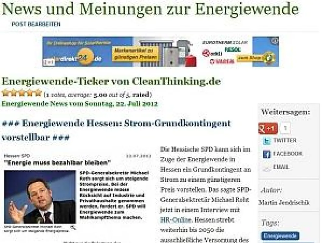 Neues Angebot des Online-Wirtschaftsmagazins CleanThinking.de: Energiewende-Ticker.
