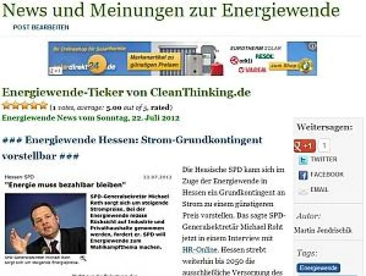 Neues Angebot des Online-Wirtschaftsmagazins CleanThinking.de: Energiewende-Ticker.