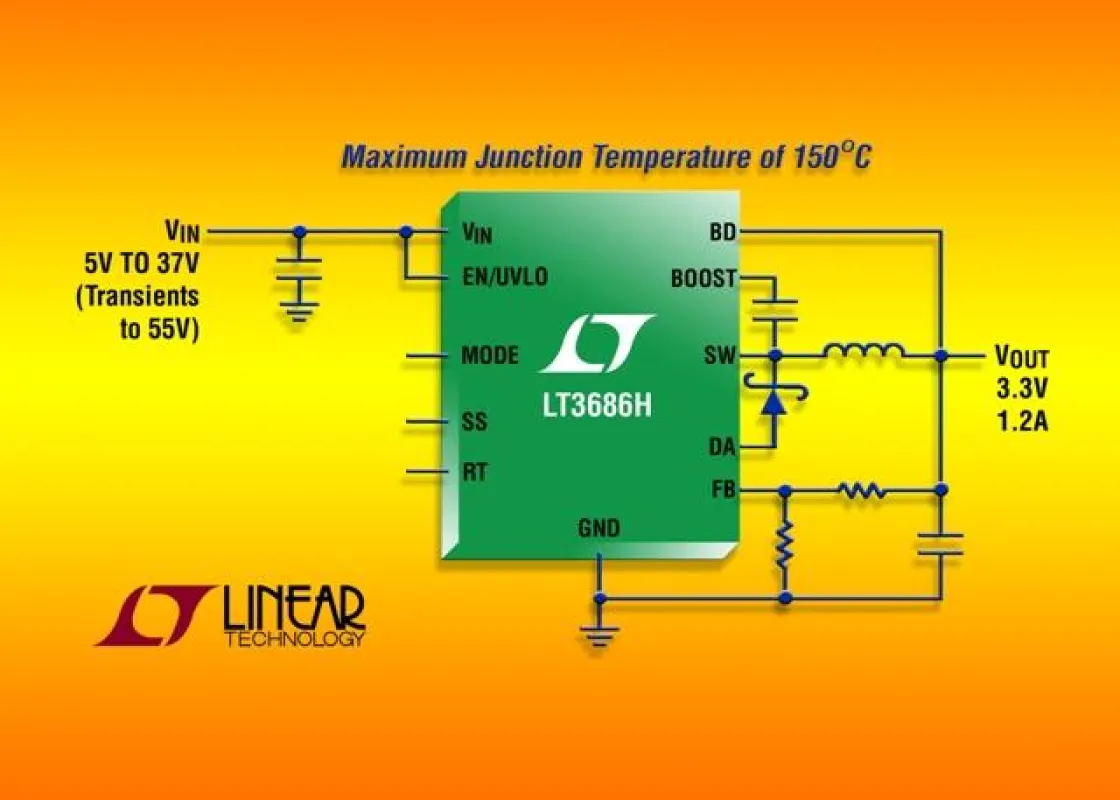 DC/DC-Abwärtswandler für Eingangsspannungen bis 37V (Transientenschutz bis 55V) und Ausgangsströme bis 1,2A, für Sperrschichtbetriebstemperaturen bis zu +150?C spezifiziert