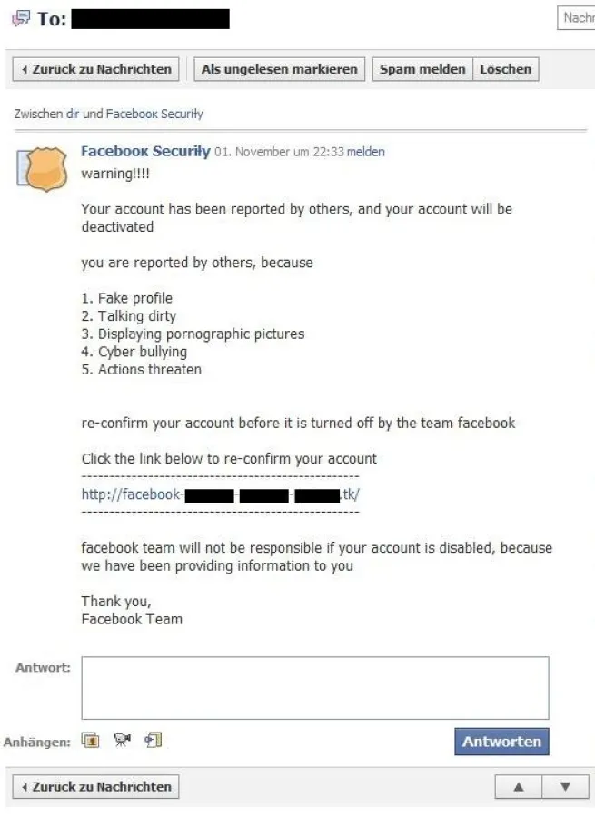 Gefälschte Facbook-Nachricht