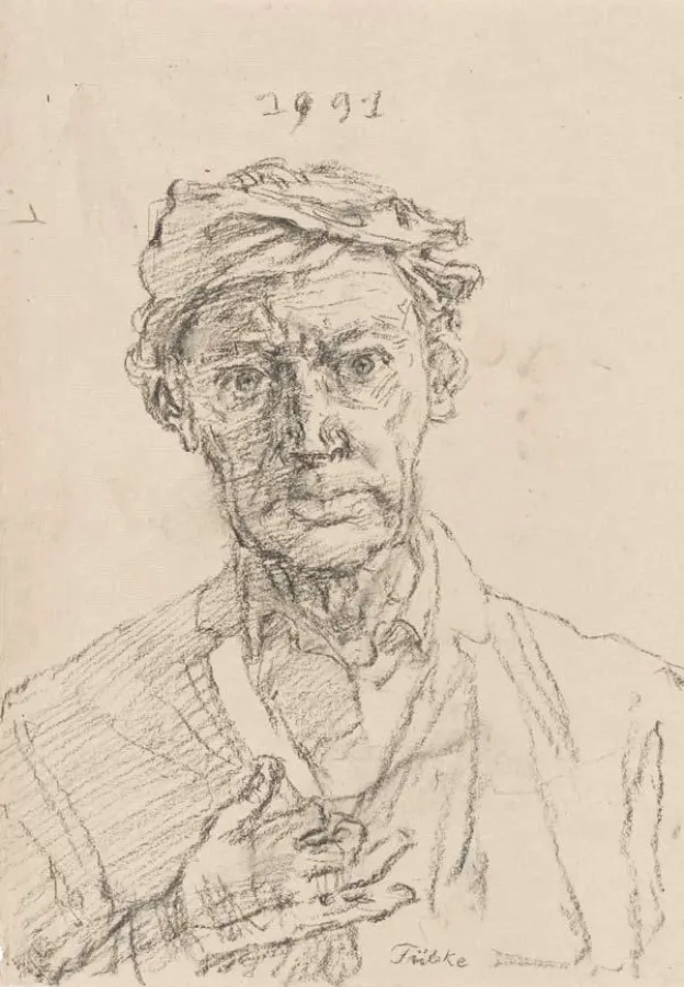 Werner Tübke, Selbstbildnis mit Kopftuch, 1991, Kohle auf altem Papier, 36,2 x 25 cm