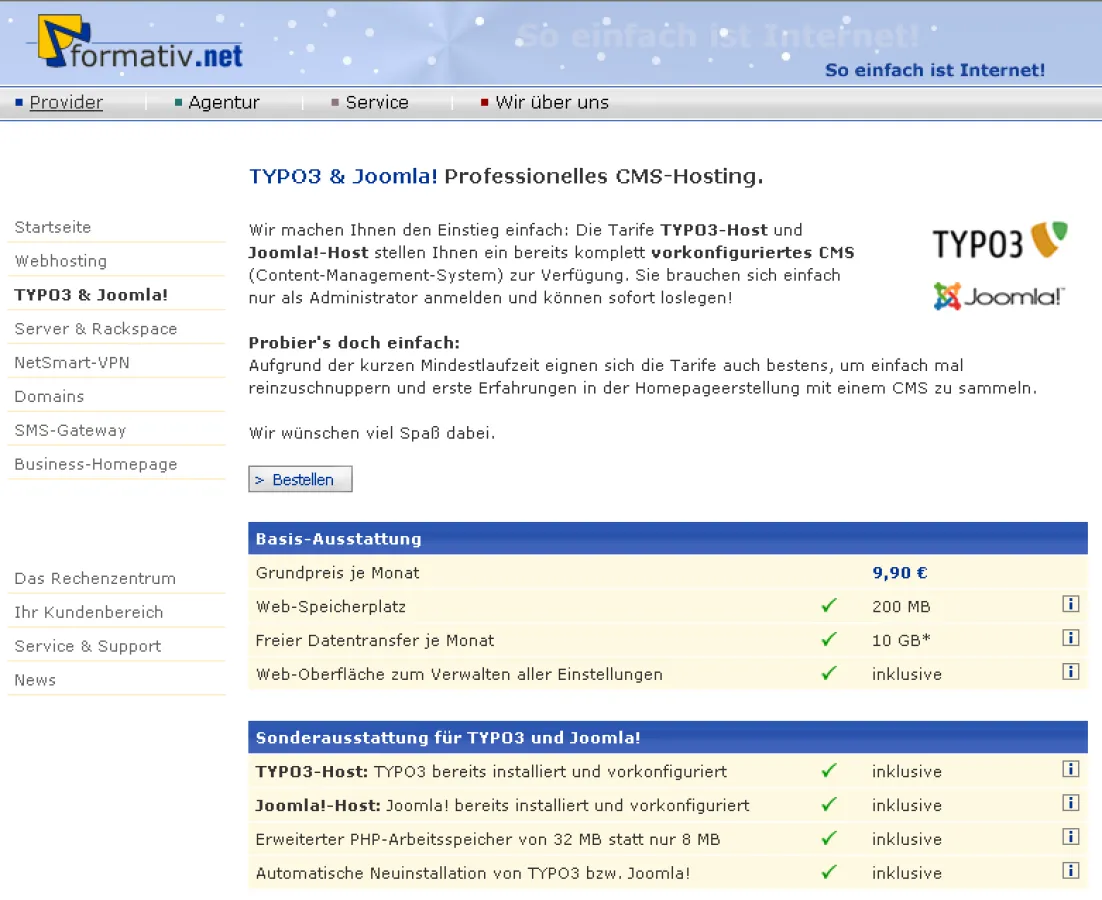 Content-Management komplett vorkonfiguriert, die CMS-Tarife TYPO3-Host und Joomla!-Host von formativ.net.