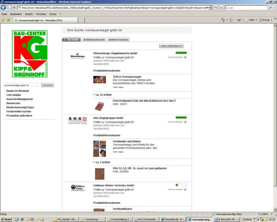 HeinzeBauOffice-online+: Recherche-Ergebnis zu „vormauerziegel glatt rot“ bei Bau-Center Kipp & Grünhoff GmbH & Co. KG, Leverkusen