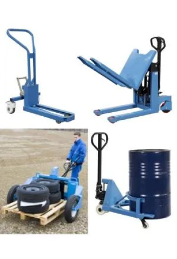 Bild: Fasshubwagen, Geländehubwagen, Behälterneiger, mechanische Palettenheber – ergonomische Geräte am Arbeitsplatz