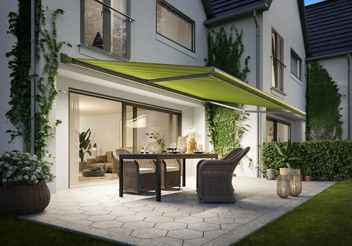 Ton in Ton harmoniert gut. Das zeigen auch die Designmarkisen MX-3 und 970 von markilux.