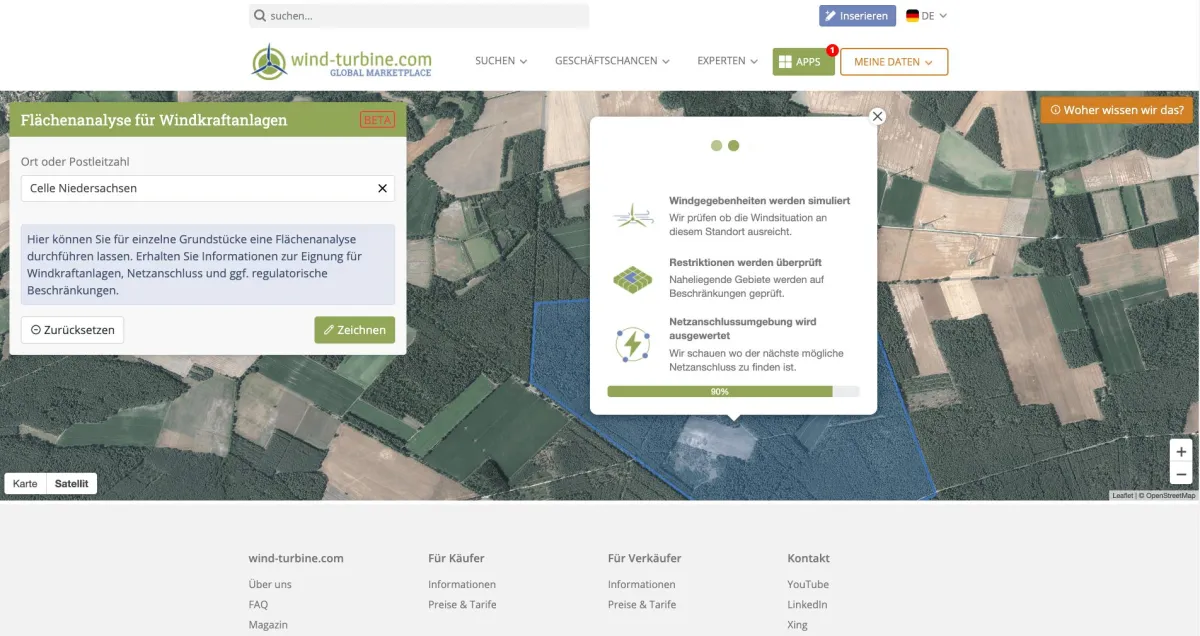 Einfach die Grundstücks-Umrisse abstecken & analysieren lassen. Das Ergebnis kommt binnen Sekunden (© wind-turbine.com)