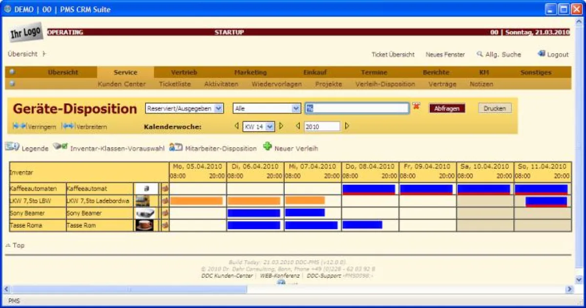 Graphische Disposition der Verleihobjekte in PMS Business Suite SMB - Option PMS Rent