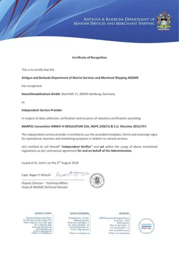 Swiss Climate EcoCare ist akkreditierter Anbieter von EU-MRV und IMO-DCS Services für Antigua & Barbuda Bild: Swiss Climate EcoCare ist akkreditierter Anbieter von EU-MRV und IMO-DCS Services für Antigua & Barbuda