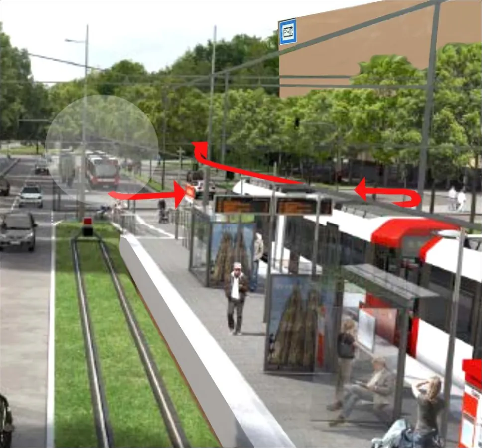 O.l. Busbahnsteig, o.r. Wendeschleife und Busspur zum Verteilerkreis. Visualisierung: KVB, A. Wulf