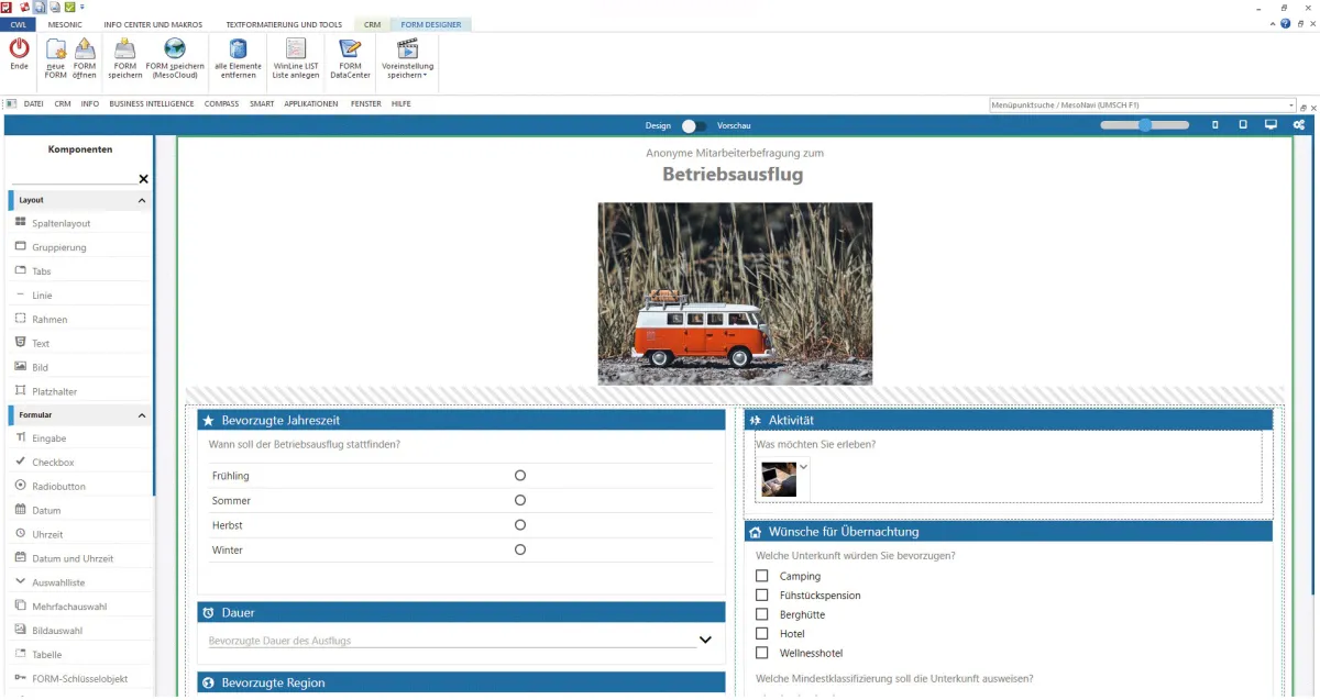 Gestaltungsbeispiel eines individuellen Formulars auf HTML-Basis mit dem WinLine FORM Designer (© © mesonic 2023)