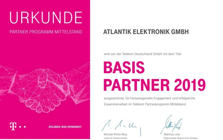 Atlantik Elektronik als Telekom Basis Partner 2019 ausgezeichnet Bild: Atlantik Elektronik als Telekom Basis Partner 2019 ausgezeichnet