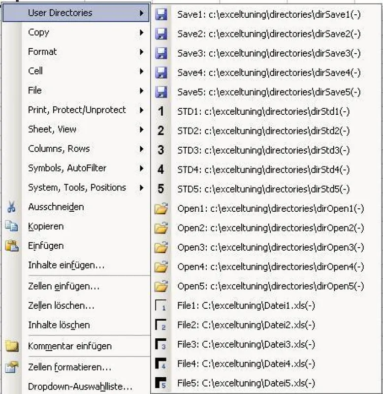 Dieses Menü erscheint bei Rechtsclick der Maustaste/Kontextmenü