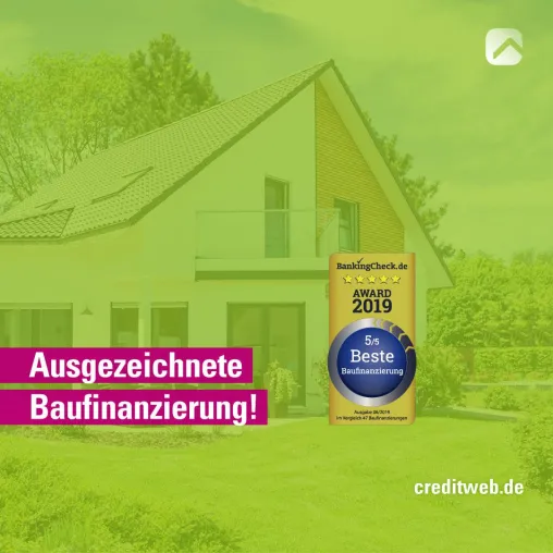 creditweb erhält zum fünften Mal in Folge von BankingCheck das Siegel „Beste Baufinanzierung“ Bild: creditweb erhält zum fünften Mal in Folge von BankingCheck das Siegel „Beste Baufinanzierung“