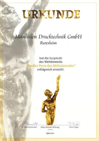 Erster Teilerfolg beim "Großen Preis des Mittelstandes 2012" für die Manhillen Drucktechnik GmbH Bild: Erster Teilerfolg beim "Großen Preis des Mittelstandes 2012" für die Manhillen Drucktechnik GmbH