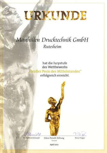 Bild: Erster Teilerfolg beim "Großen Preis des Mittelstandes 2012" für die Manhillen Drucktechnik GmbH