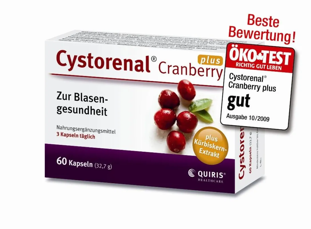 'Cystorenal® Cranberry plus wurde bei einer umfassenden Untersuchung 24 unterschiedlicher Cranberry- Produkte von ÖKO-TEST als Testsieger gekürt. Copyright: Quiris® Healthcare, frei im Textzusammenhan