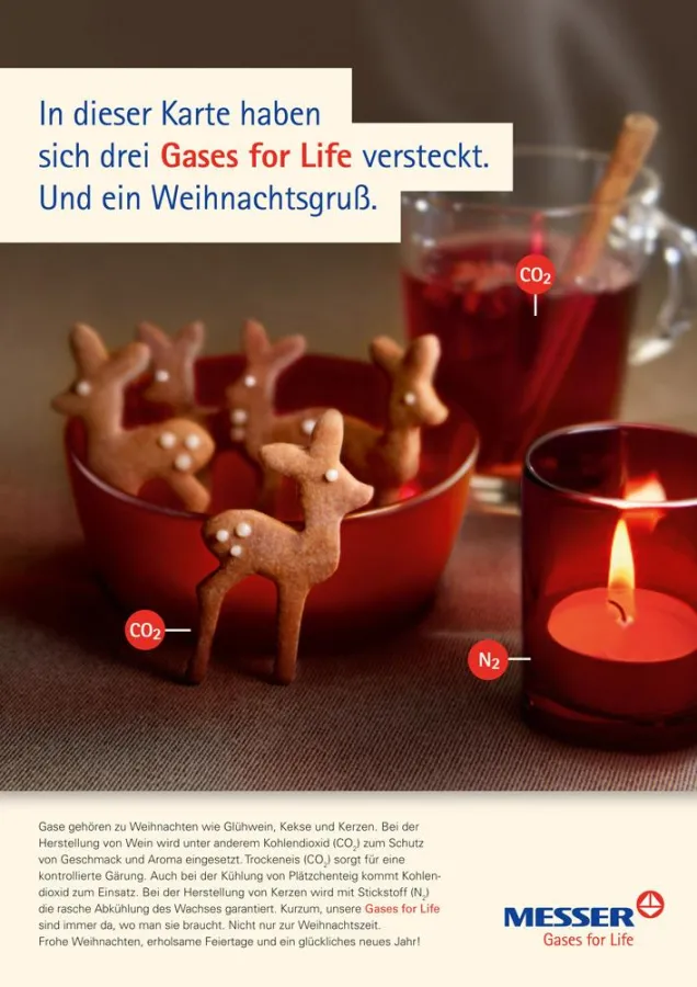 Auch auf der diesjährigen Weihnachtskarte setzt Messer bereits das neue Anzeigenkonzept um.