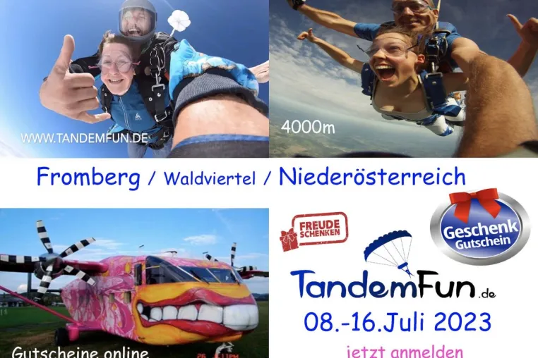 Fallschirmspringertreffen im Juli 2023 in Fromberg Niederösterreich mit Tandemfun Bild: Fallschirmspringertreffen im Juli 2023 in Fromberg Niederösterreich mit Tandemfun