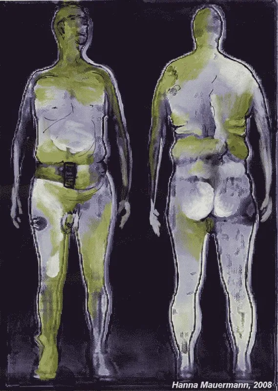 Hanna Mauermann X - ray man; 2008, Fotografie am Computer bearbeitet, übermalt, Zeichnung, Druck