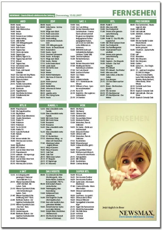 Das TV Programm in der NEWSMAX ZEITUNG - ab sofort kostenfrei erhältlich