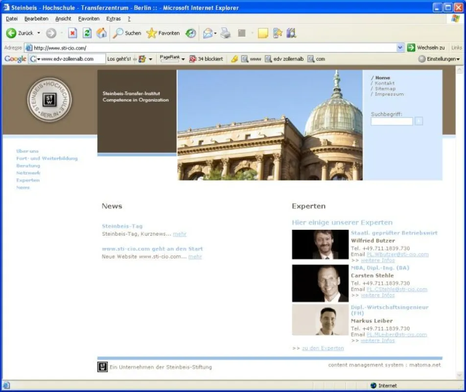 Screenshot der von Matoma erstellten Steinbeis-Internetseite